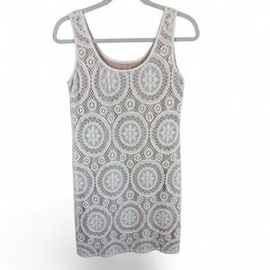 Tiana B Womens White Crochet Lace Medallion Sleeveless Shift Dress Tan Lining M